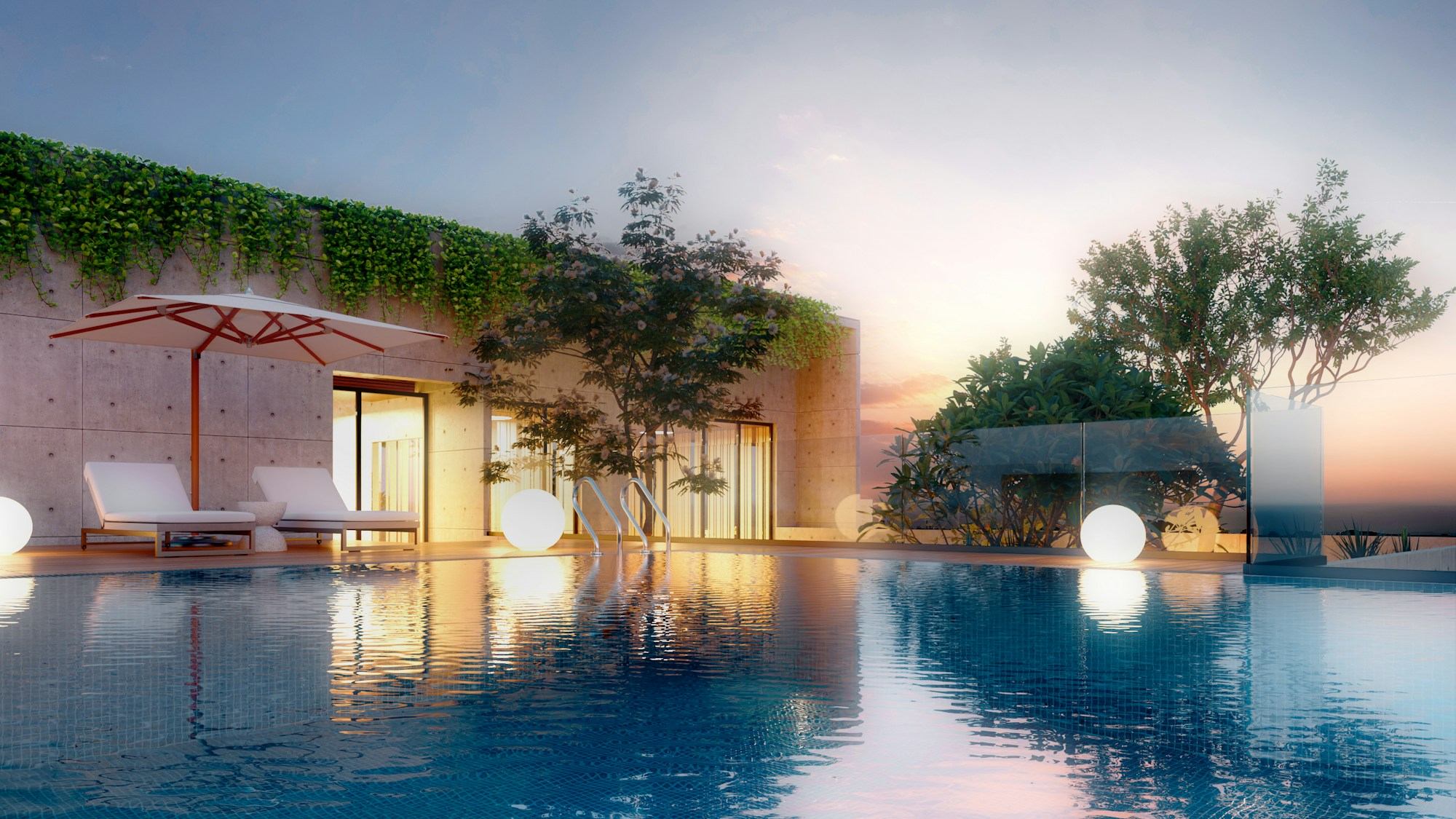 A concrete and glass residence beside a still pool at dusk, garden lights glowing as the sky turns rose and blue