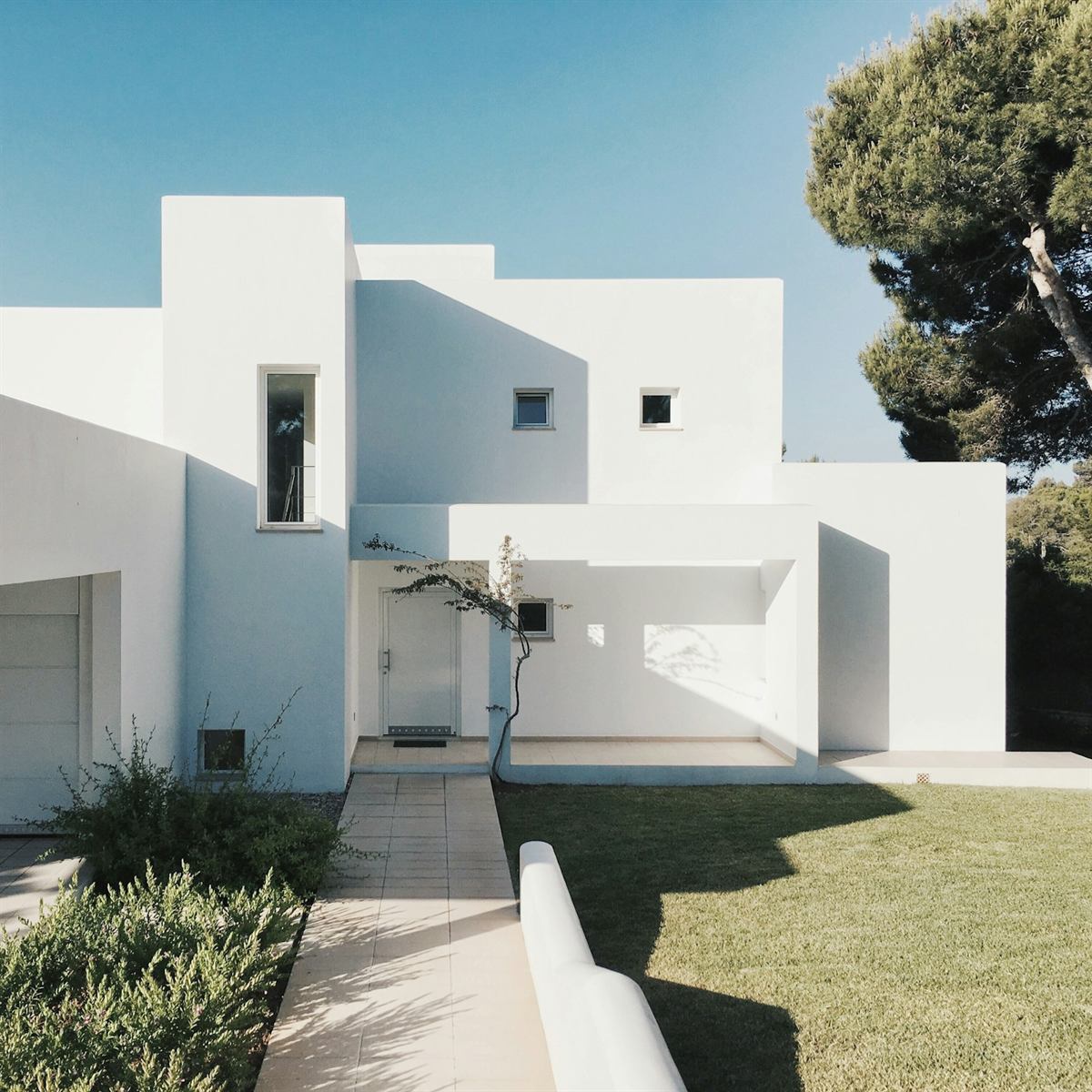 The Olive Residence: a sculptural white house with a covered entrance, a slender tree by the door and lawn in low sun